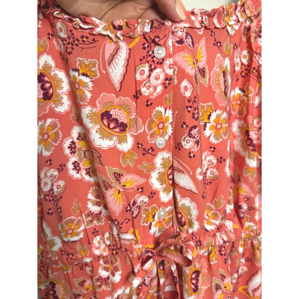 Loft Outlet 6 Petite Midi Sun Dress Coral Pink Butterfly Floral Ruffle Garden - Picture 5 of 9
